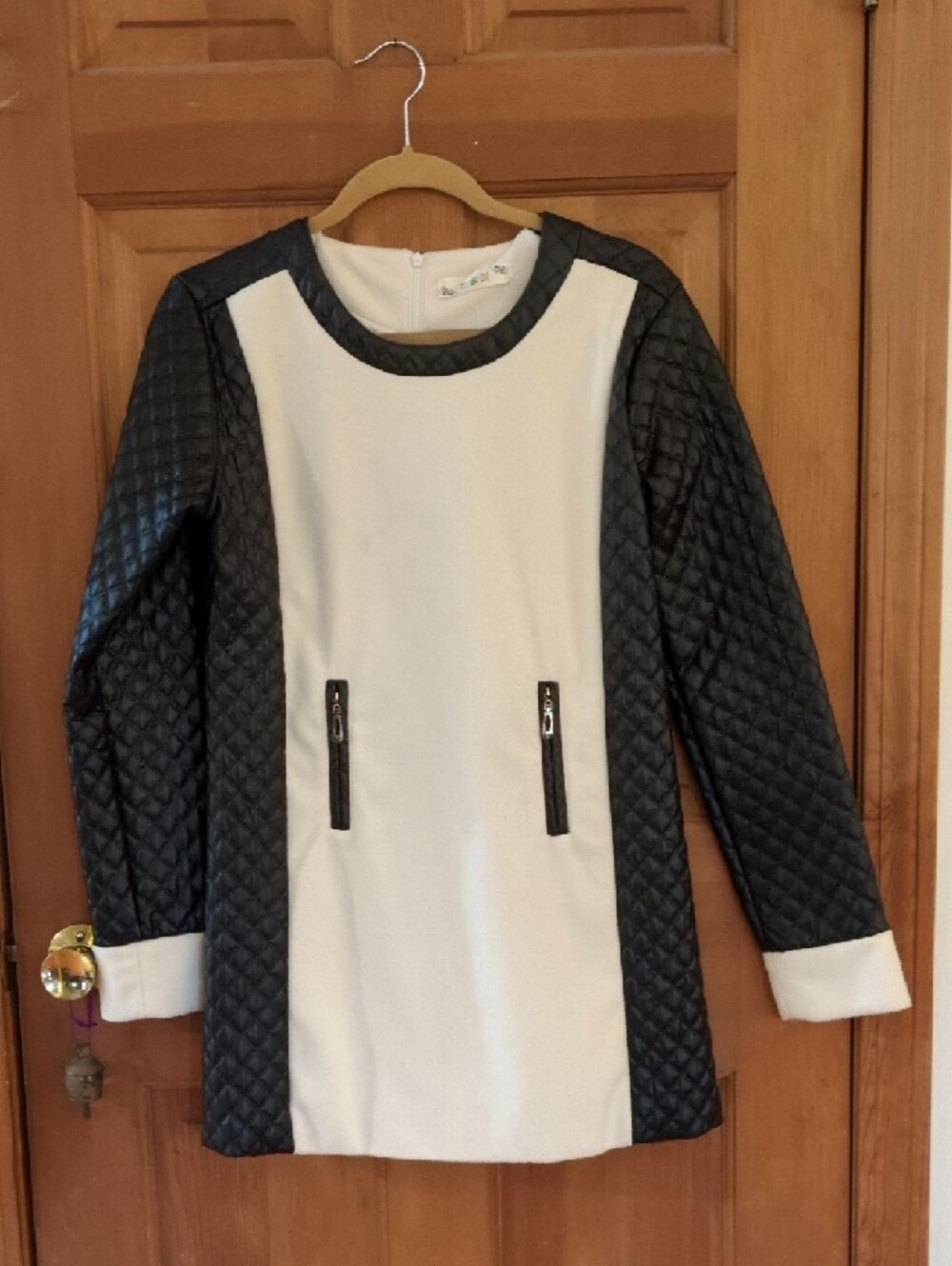 Uxcell Nunsongi Black Quilted Faux Leather Ivory Fleece Long Sleeve Dress Size M
